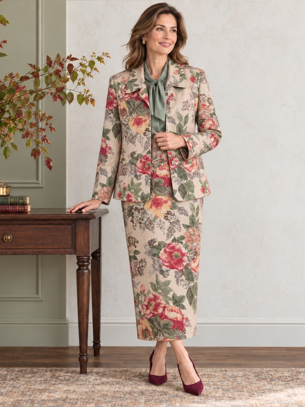 Vintage Talbots 100% Linen Floral Blazer Long Skirt Suit L
M 8